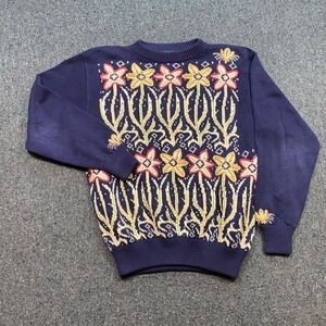 The Scotch House Floral Knit Sweater Sz M Womens Navy Blue Boho Cottagecore